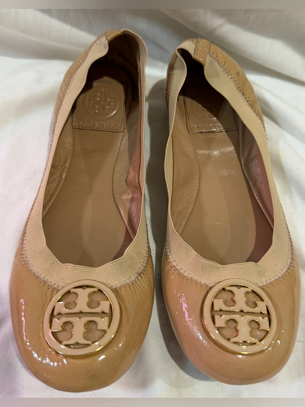 Tory Burch Caroline Patent Leather Ballerina Flats Shoes Nude Beige Sz 7